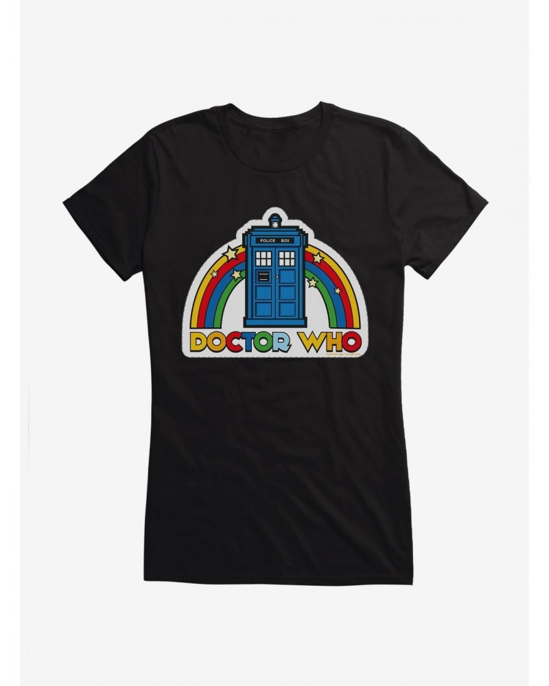 Doctor Who Thirteenth Doctor Rainbow TARDIS Badge Girls T-Shirt $9.71 T-Shirts